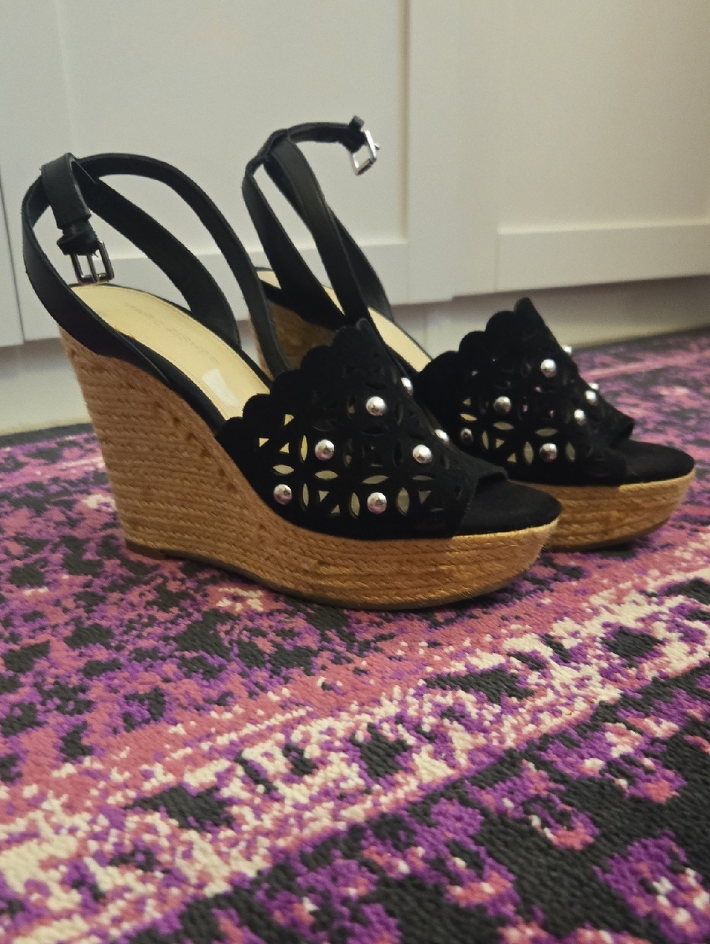 Marc Fisher Black Studded Espadrille Wedges